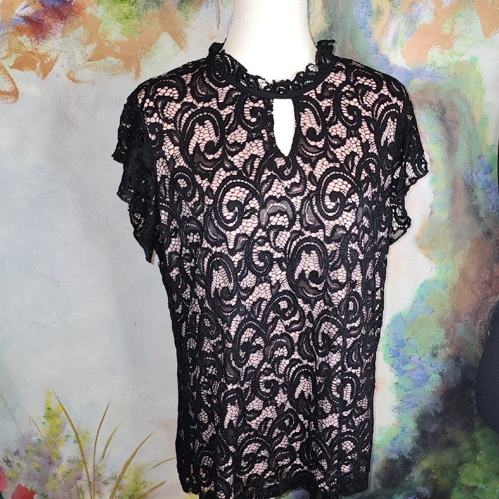 Perseption Pink and Black Ruffled Blouse with Mandarin Collar